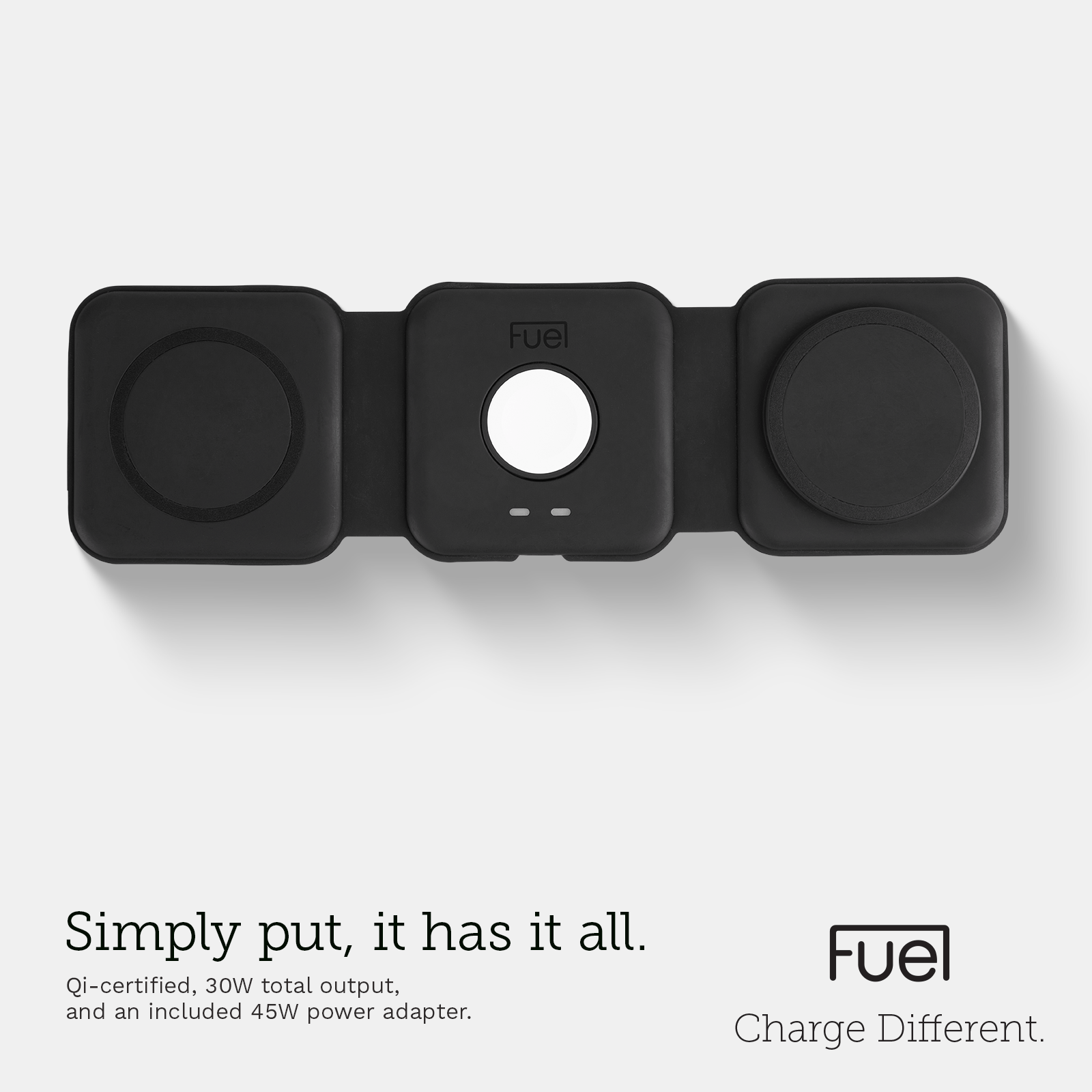 Qi-certified, 30W total output, and an included 45W power adapter