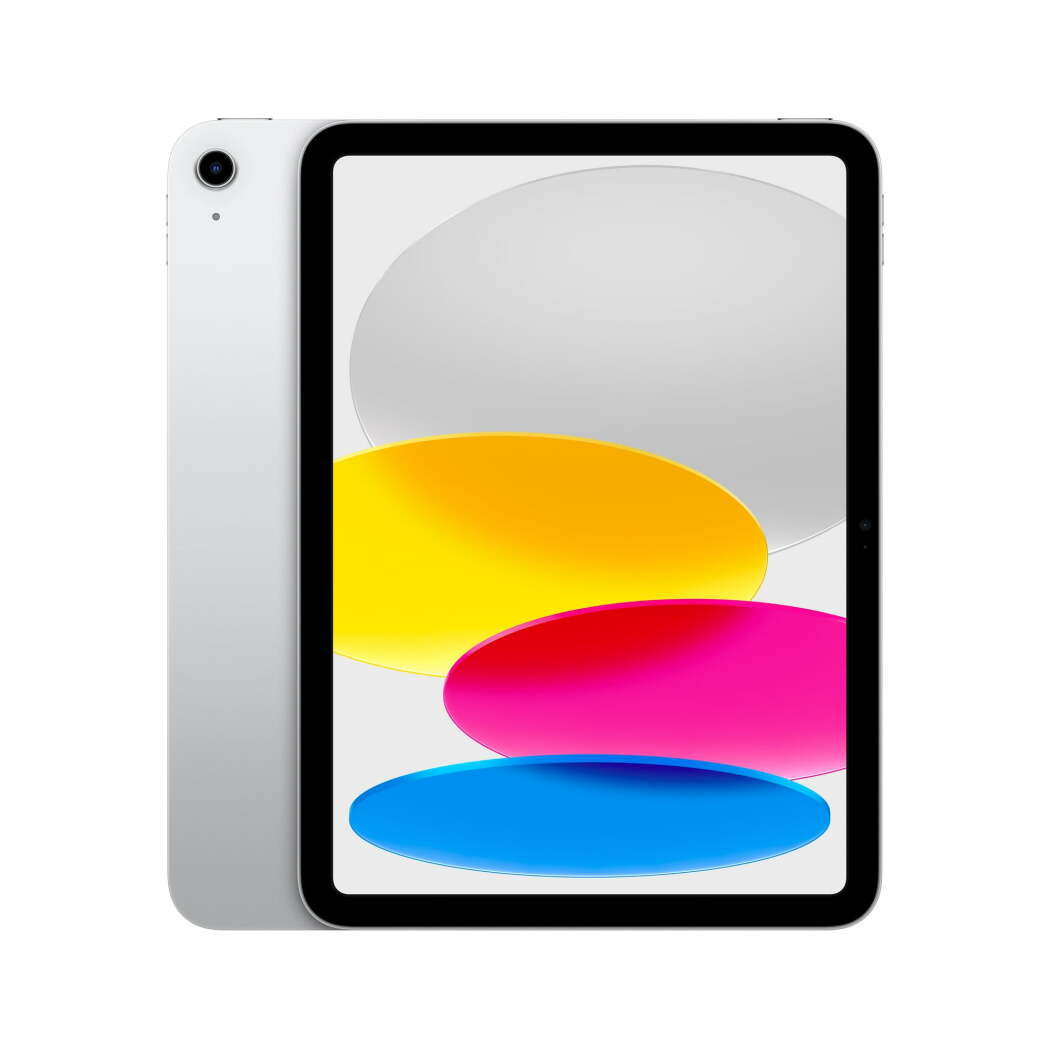 Black tablet case with rounded corners displayed next to silver tablet showing colorful abstract design on screen.