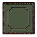 A square decorative card or print with a dark olive green center, bordered by a black frame with orange speckled motifs and small gold script text, shown on a plain white background.
#color_classic tortoiseshell