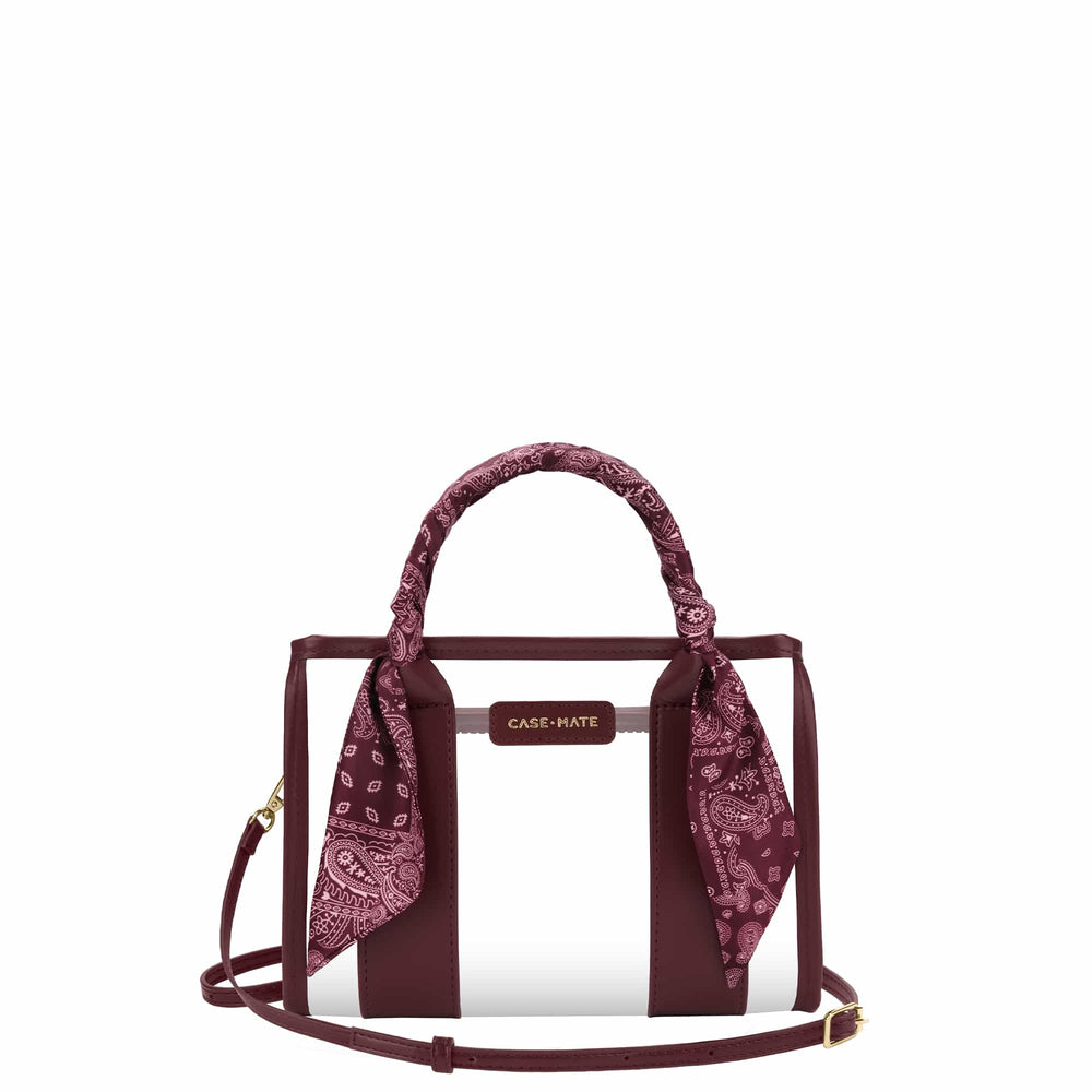 Clear stadium bag with burgundy straps and bandana scarf on strap
#color_mulberry twilly
