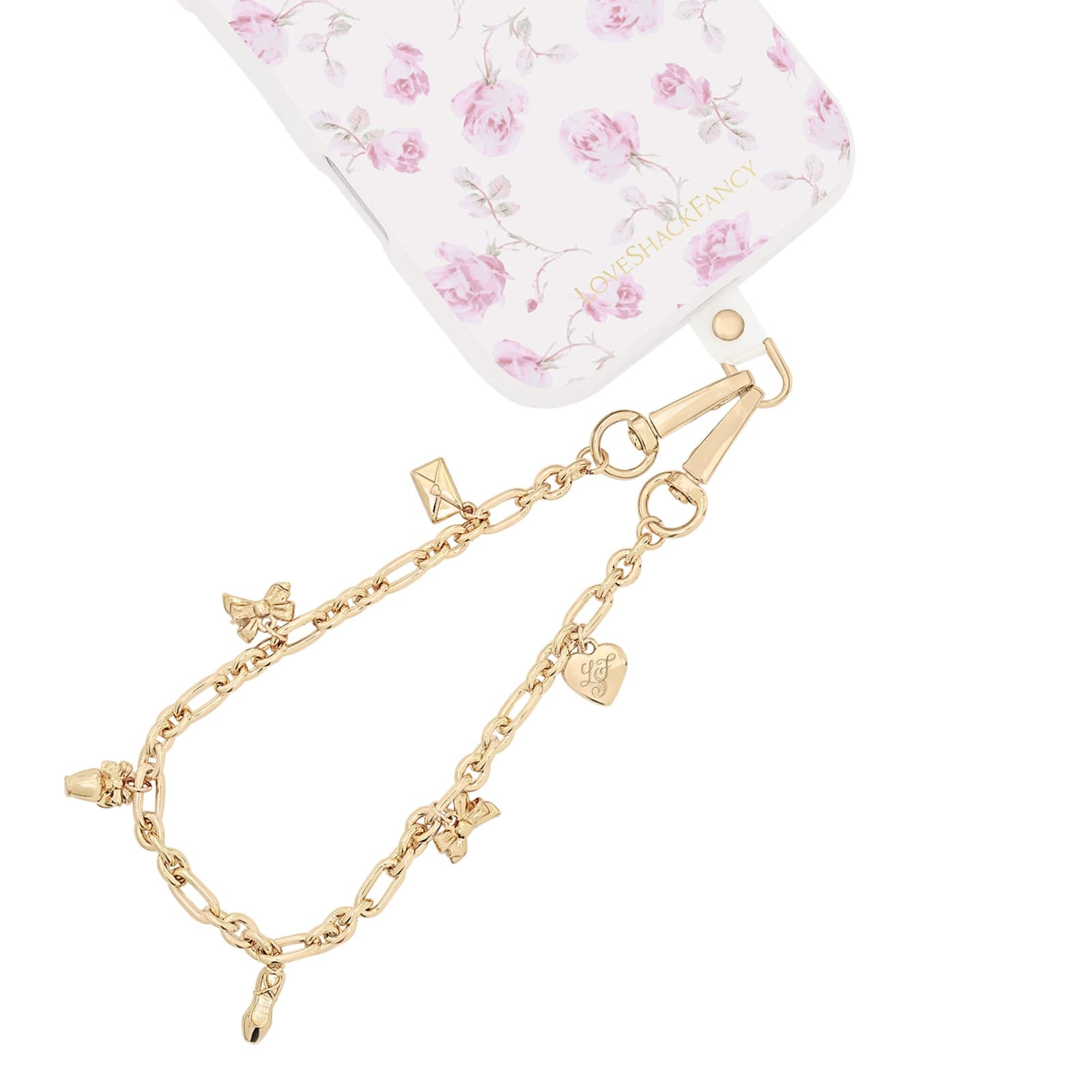 Gold phone charm with charms on a white background
