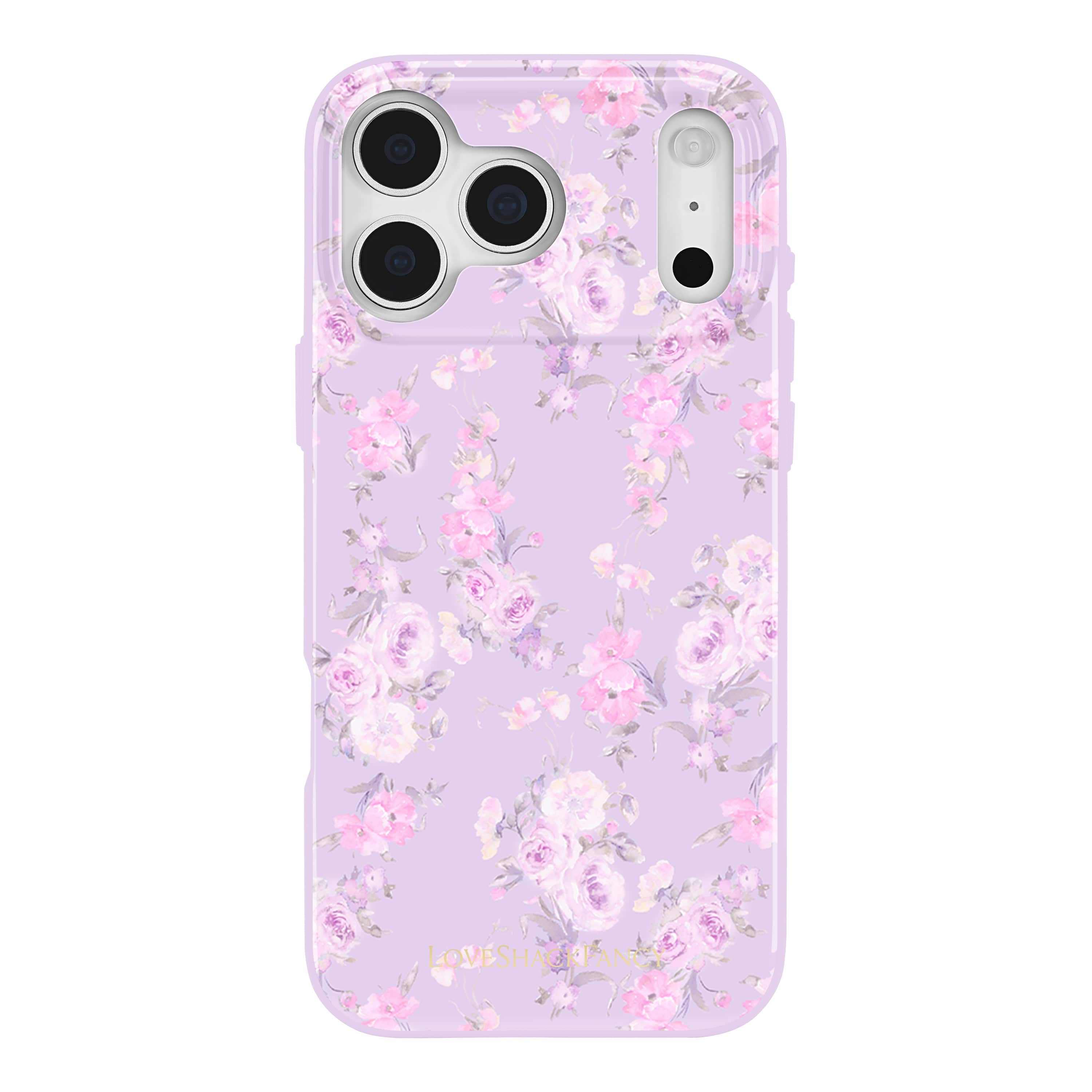Lavender iPhone case with pink and white floral pattern, triple rear camera cutouts, and MagSafe compatibility.