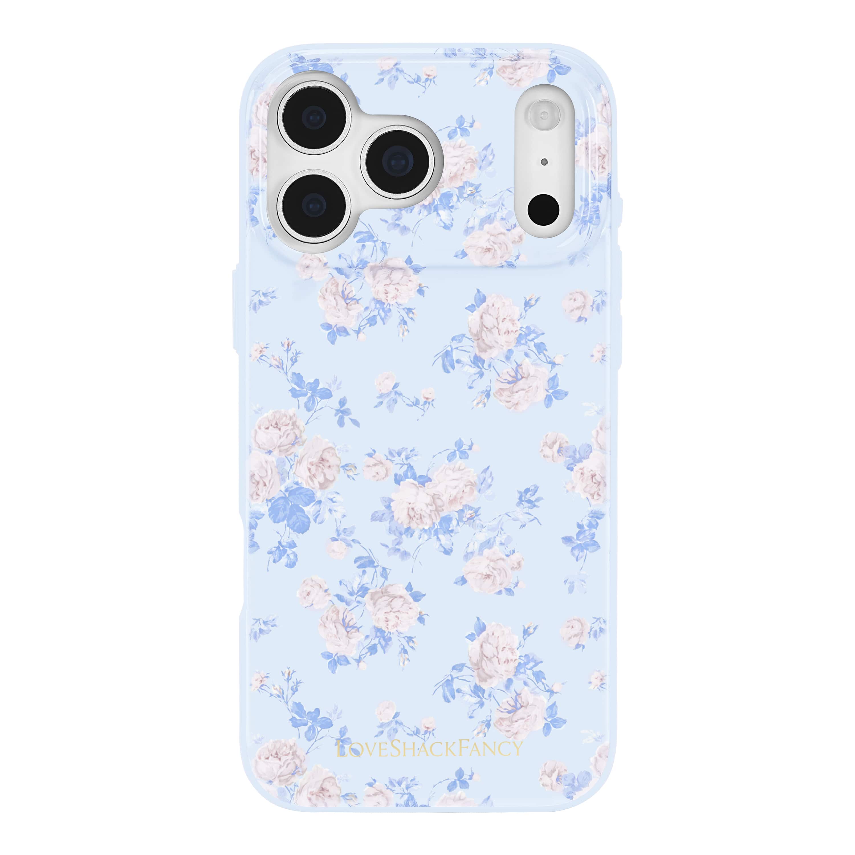 Light blue iPhone case with pink and blue floral pattern and triple camera cutouts.