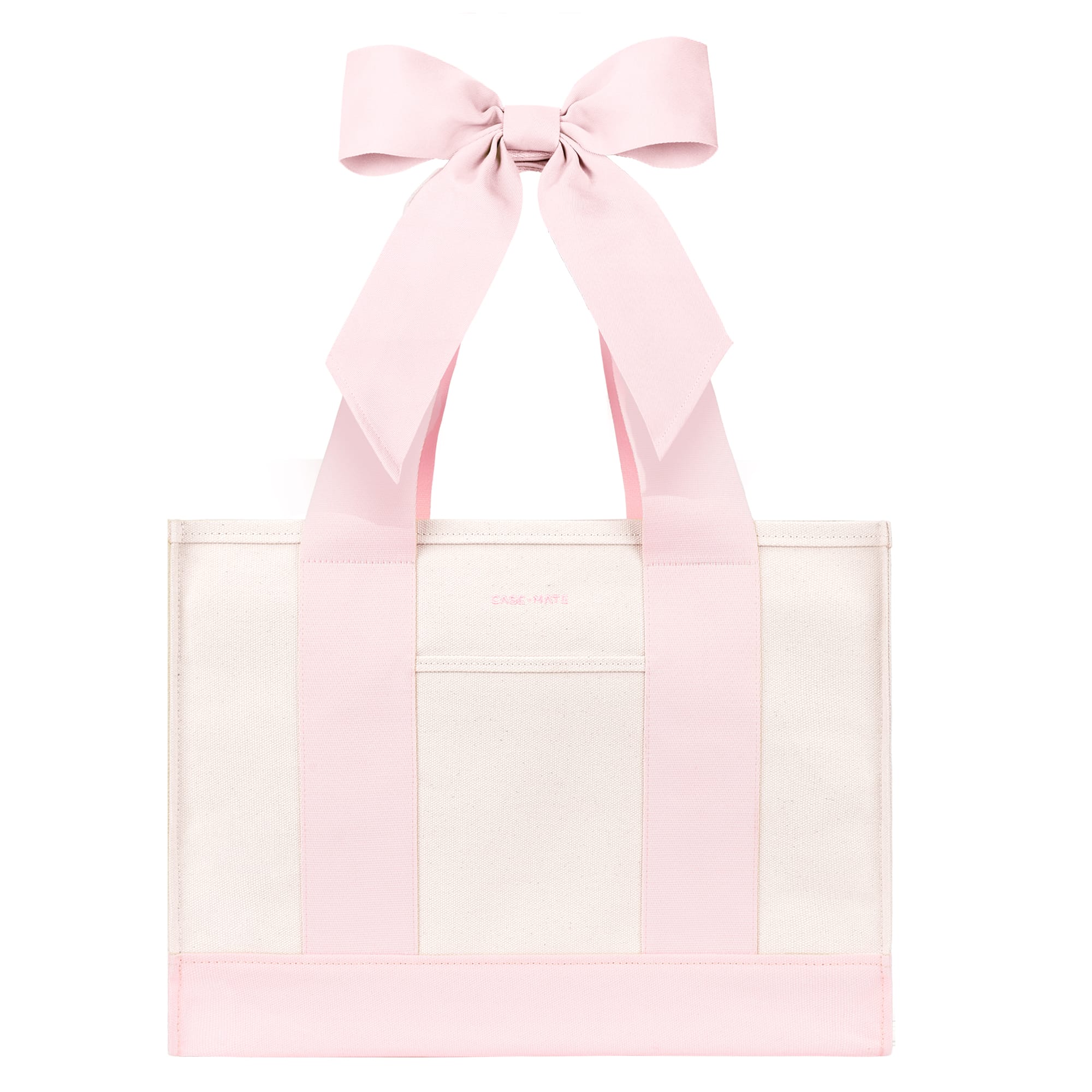 A light pink and white tote bag with wide pink shoulder straps and a large matching pink bow at the top, shown on a plain white background.
#color_ballet pink bow