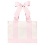 A light pink and white tote bag with wide pink shoulder straps and a large matching pink bow at the top, shown on a plain white background.
#color_ballet pink bow