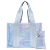 Iridescent Tote bag with light blue fabric straps on a white background.
#color_carolina blue iridescent