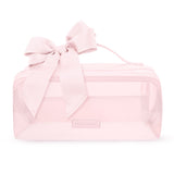 A light pink transparent zippered cosmetic pouch with a matching pink satin bow on top and a small rectangular brand plaque reading CASE MATE.
#color_ballet pink bow