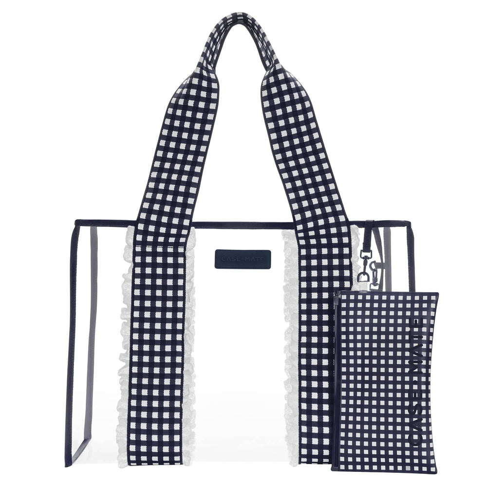 Navy and white checkered tote bag with matching pouch on a white
background
#color_navy gingham