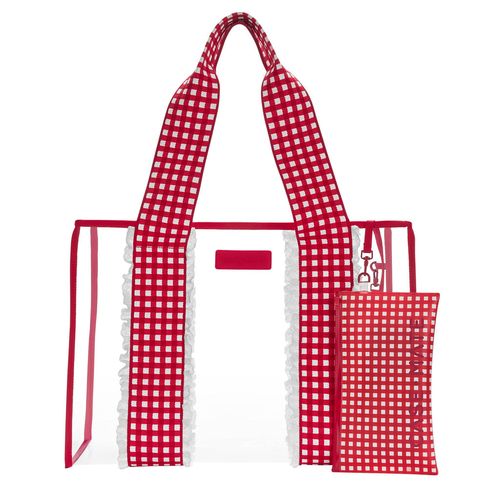 Red and white checkered tote bag with matching pouch on a white #color_cherry gingham