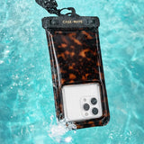 Tortoiseshell phone pouch with a phone inside, submerged in water.
#color_tortoiseshell