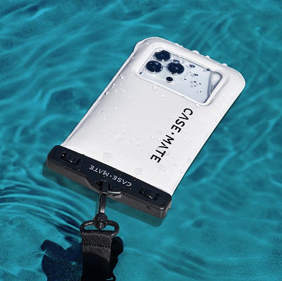 White phone case with 'CASE.MATE' branding on a blue water background #color_sand dollar