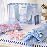 A light blue translucent tote bag with a scalloped trim and wide shoulder straps, styled on a pink-and-white striped mat with pink tiles, a matching blue ribbon rack bag with a bow, and a small card holder.
#color_carolina blue crochet wave