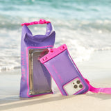 Purple and pink phone cases with a handle on a beach #color_purple paradise