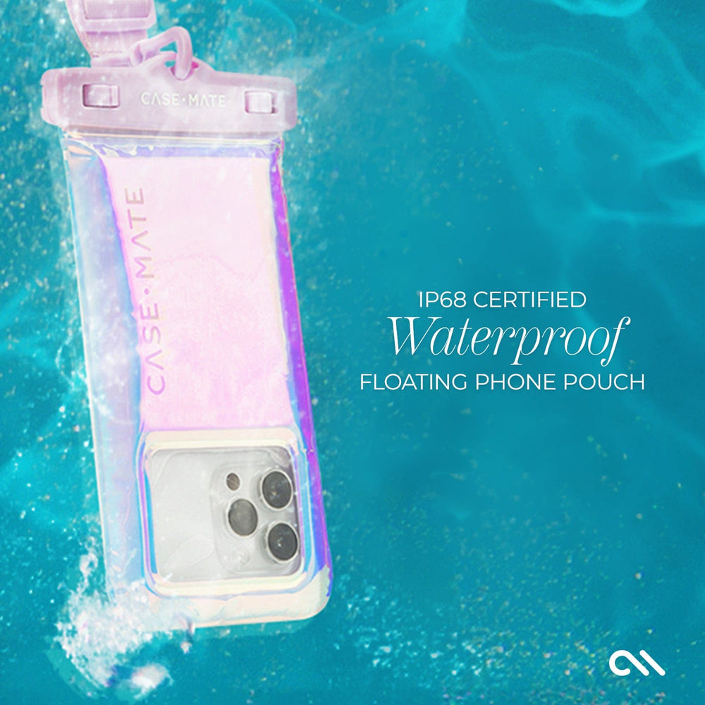 Waterproof floating phone pouch with CASE-MATE branding on a blue water background #color_iridescent