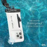 Case-Mate waterproof floating phone pouch in water with branding and certification text. #color_sand dollar