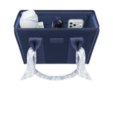 A navy blue organizer tote bag with a matching patterned scarf handle, shown open with various travel accessories inside on a white background.
#color_oxford navy
