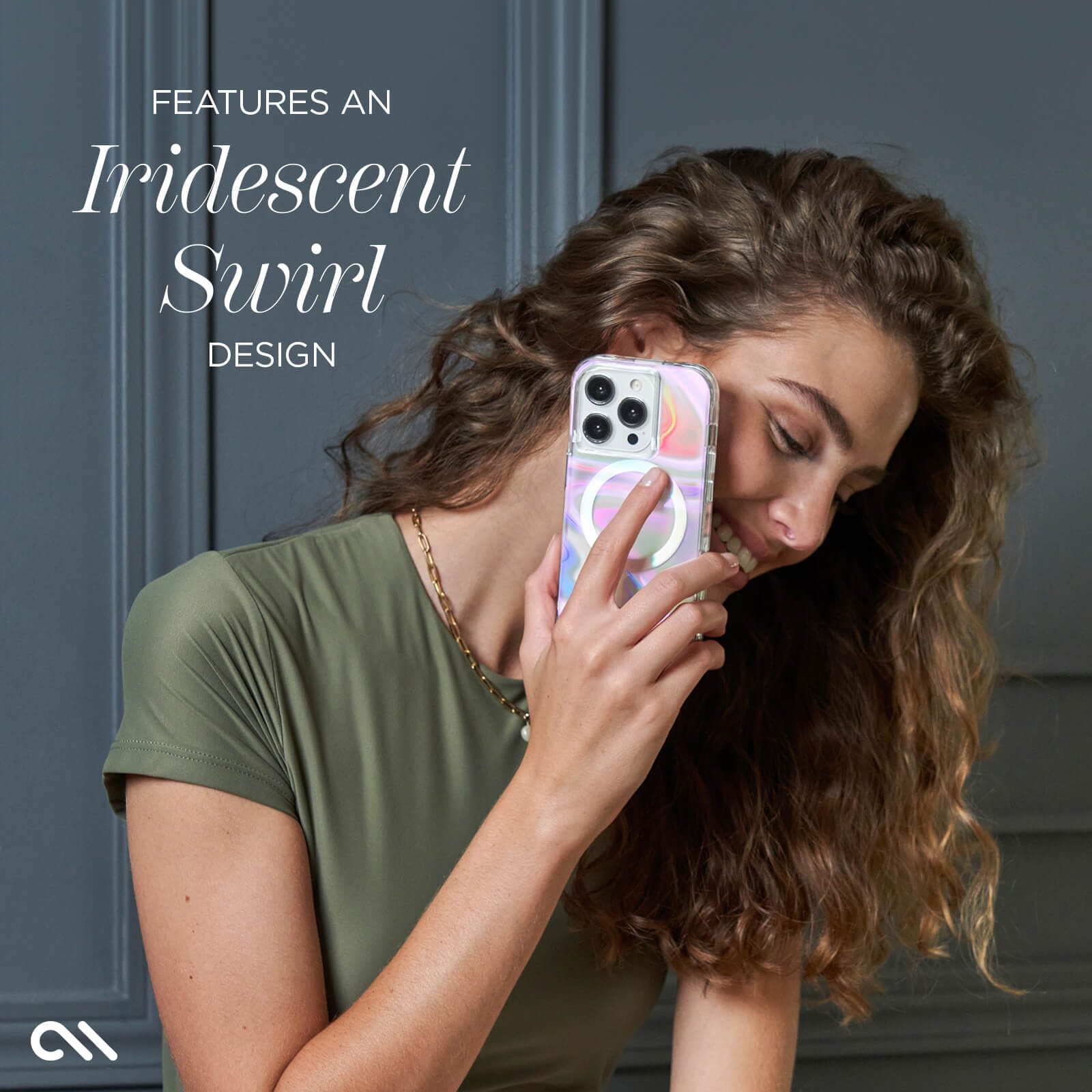 FEATURES AN IRIDESCENT SWIRL DESIGN