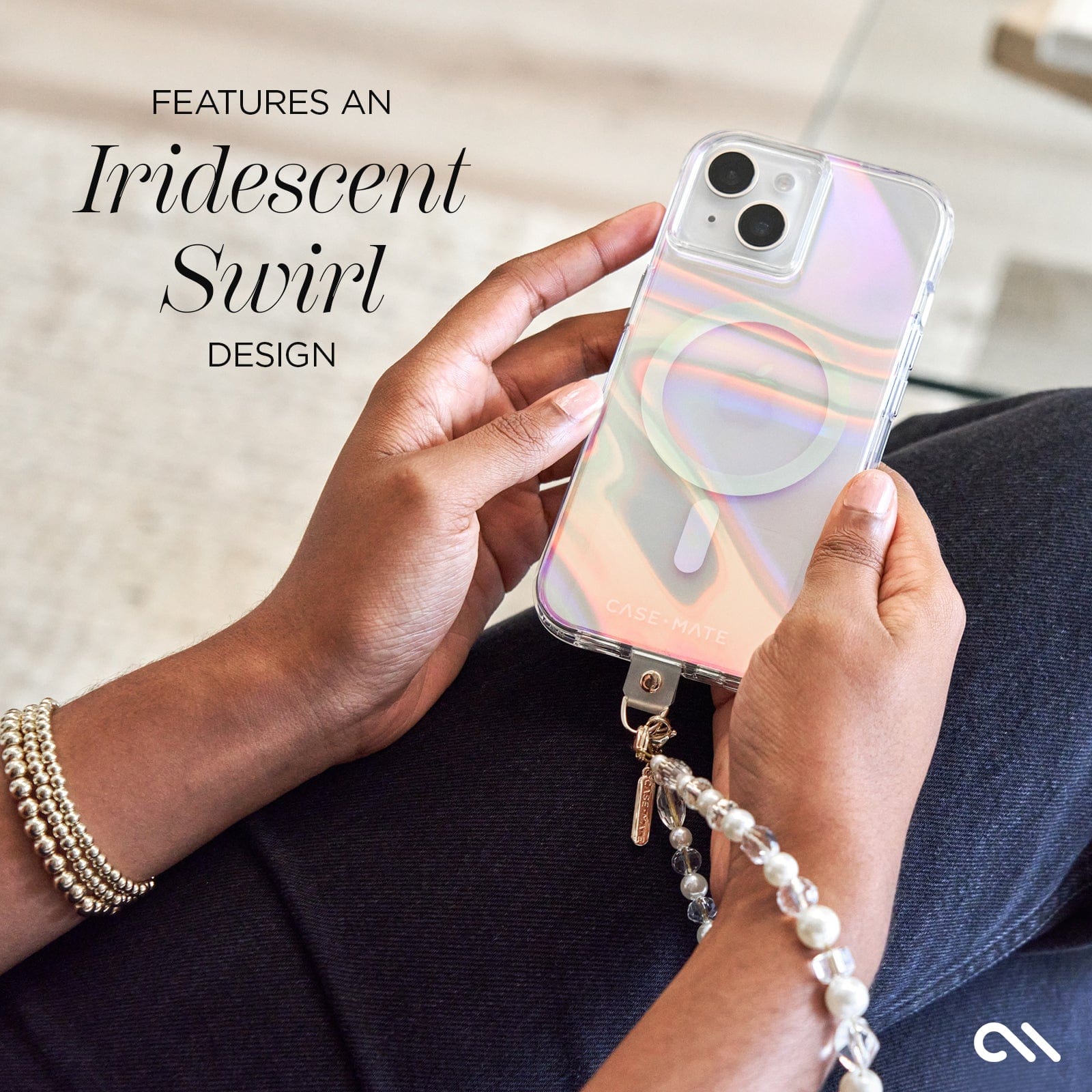 Features and iridescent swirl design