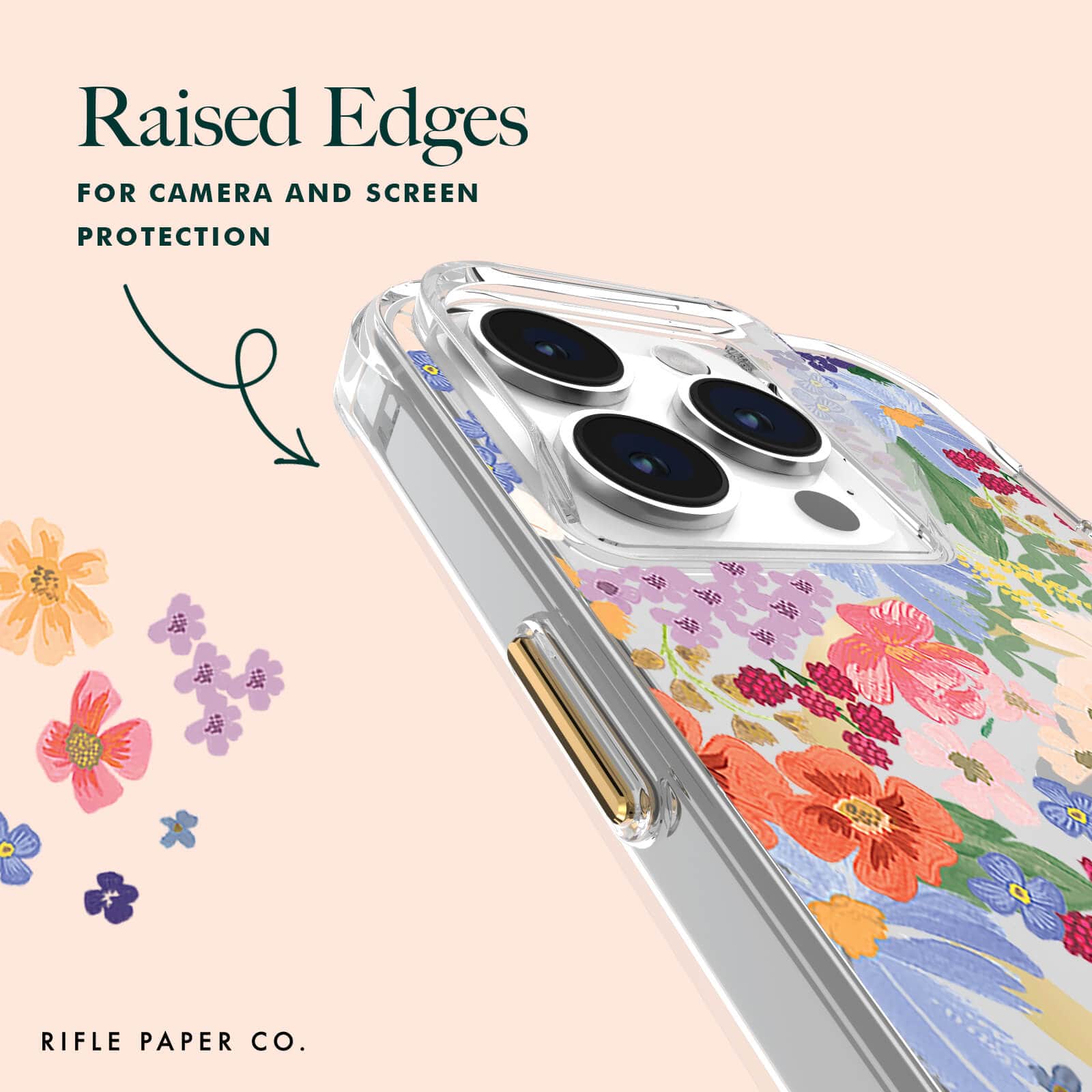 RAISED EDGES FOR CAMERA AND SCREEN PROTECTION.