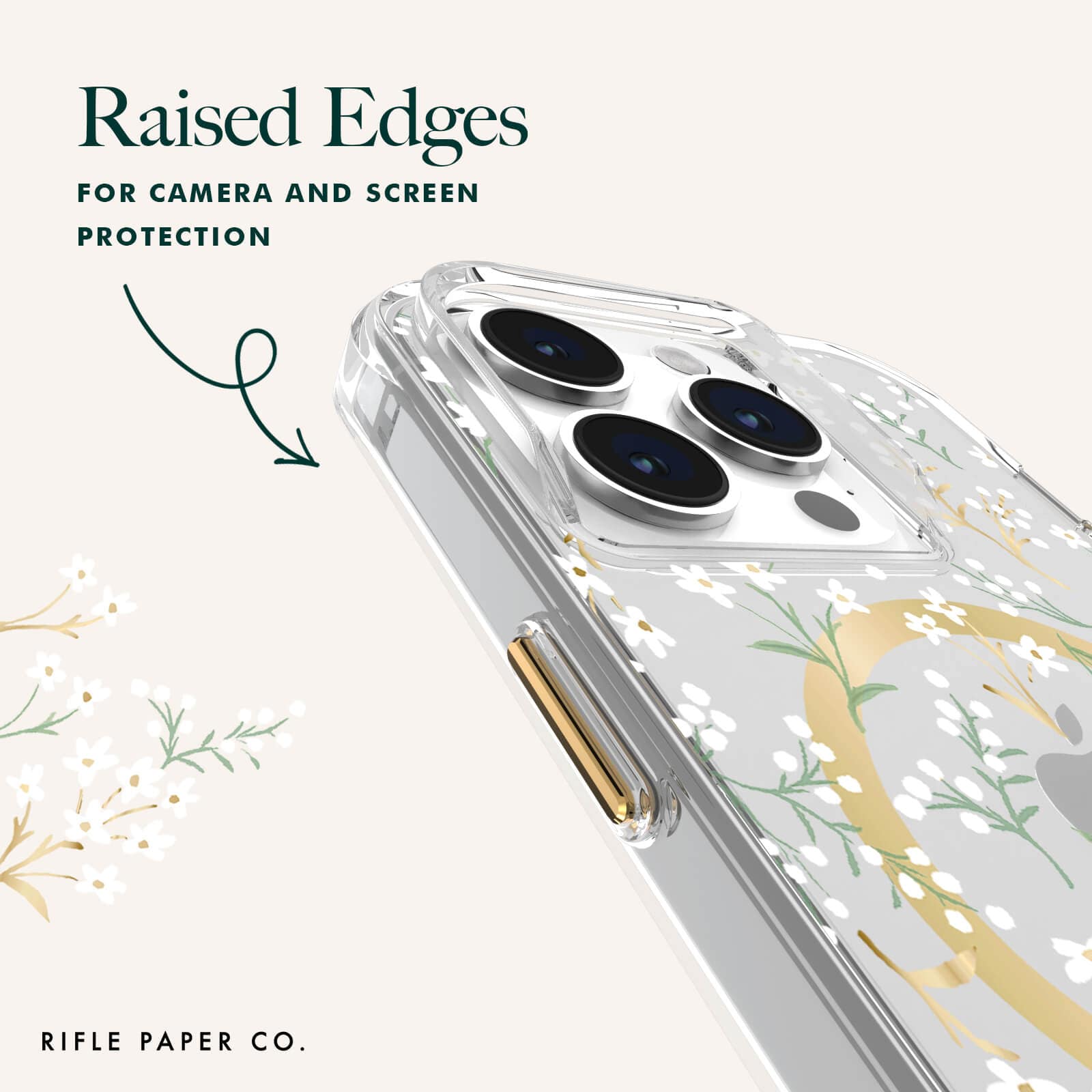 RAISED EDGES FOR CAMERA AND SCREEN PROTECTION.