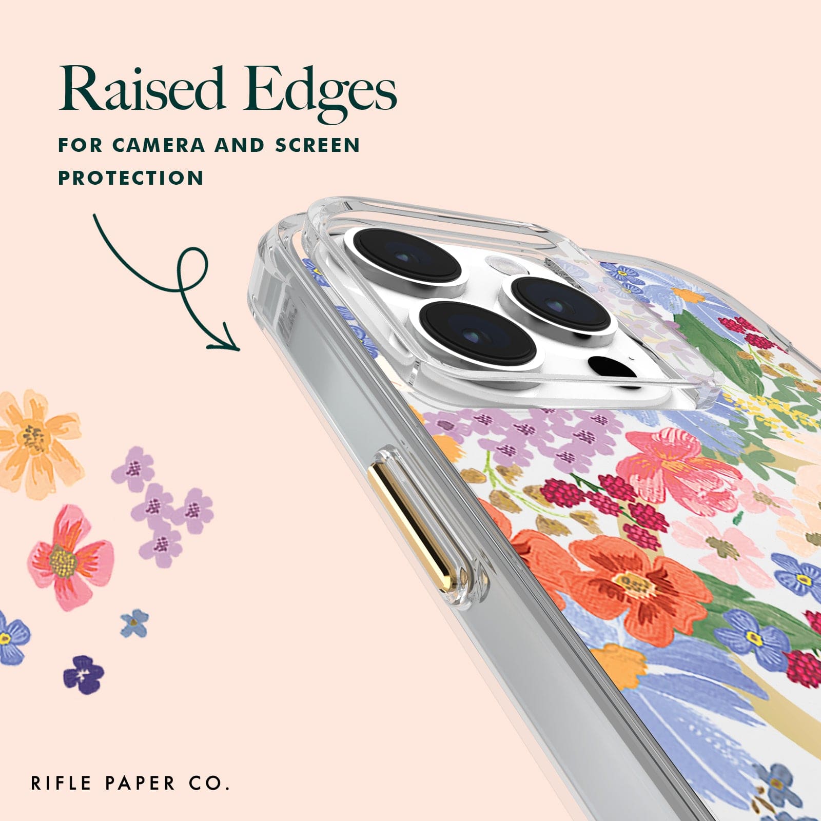 RAISED EDGES FOR CAMERA AND SCREEN PROTECTION.