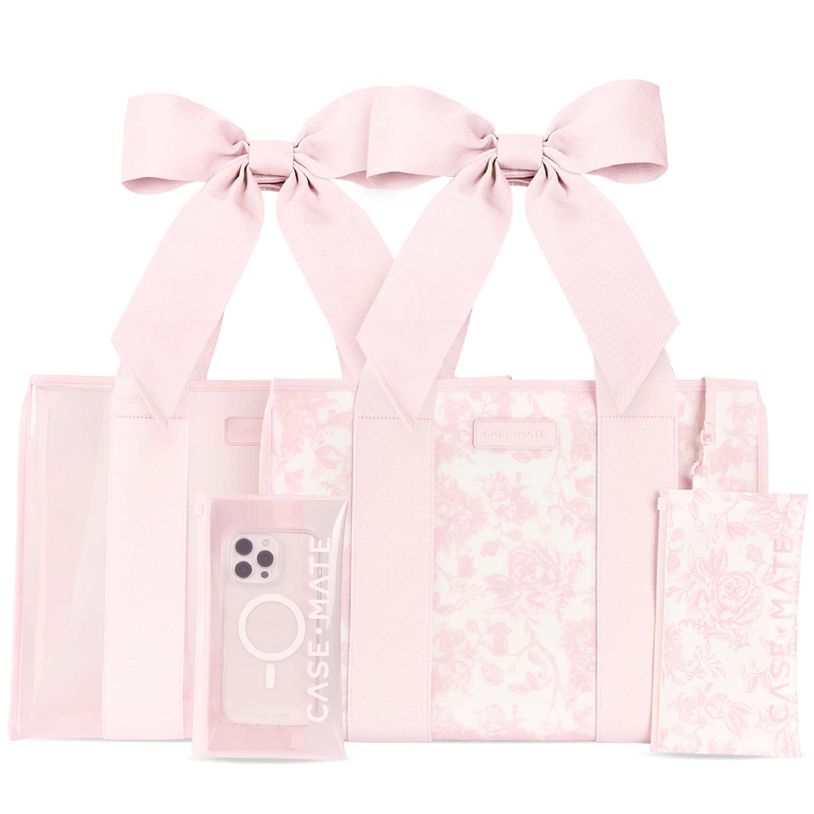 Two pink tote bags with fabric bows, one solid and one with floral pattern, displayed with phone accessories.