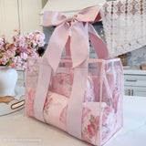 @laceandlashesblog Tote with pink floral towel and pouch inside. #color_ballet pink bow