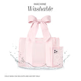 MACHINE WASHABLE. COLD WASH ON DELICATE AND AIR DRY ONLY. #color_ballet pink bow