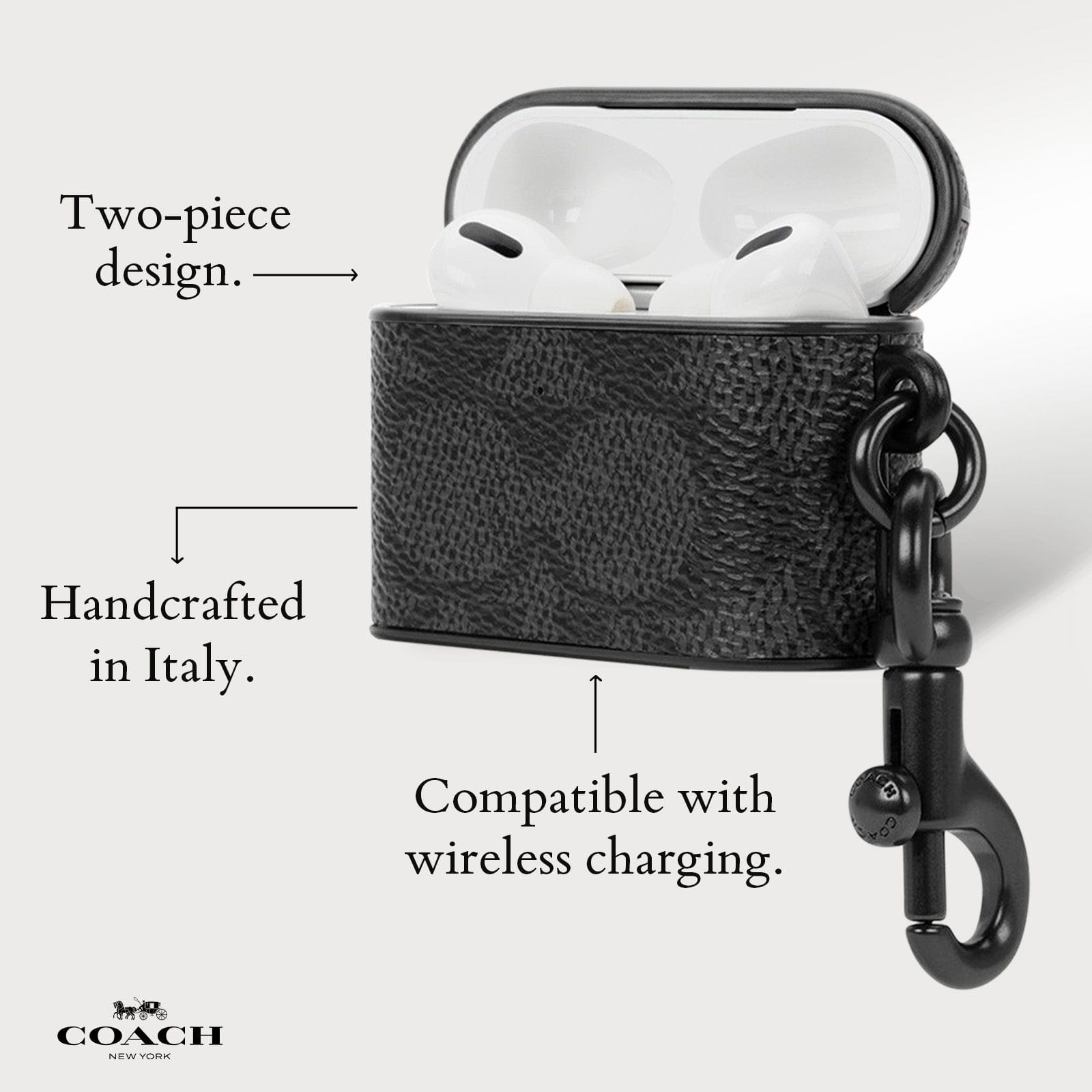 TWO PIECE DESIGN. HANDCRAFTED IN ITALY. COMPATIBLE WITH WIRELESS CHARGING.