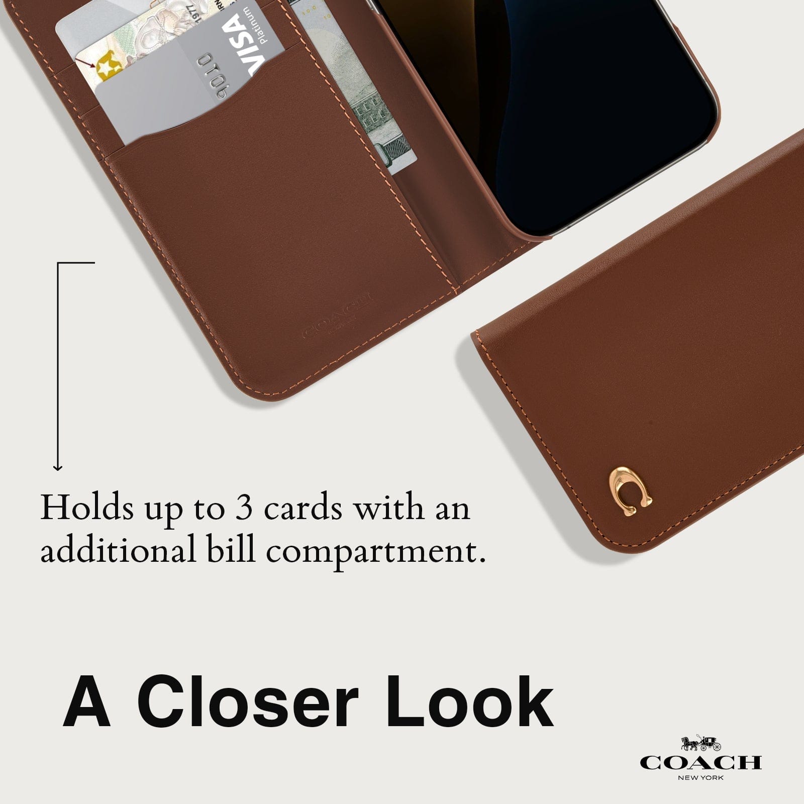 HOLDS UP TO 3 CARDS WITH AN ADDITIONAL BILL COMPARTMENT. A CLOSER LOOK
