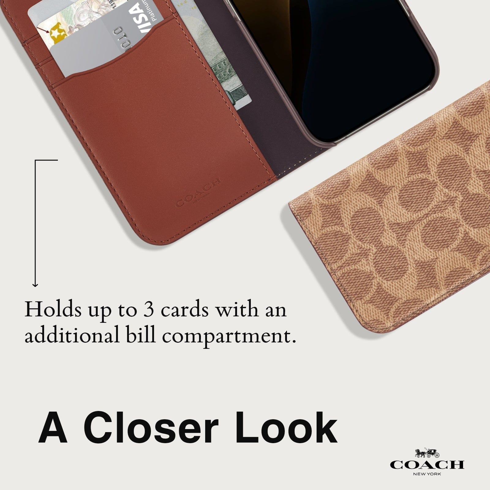 HOLDS UP TO 3 CARDS WITH AN ADDITIONAL BILL COMPARTMENT. A CLOSER LOOK.