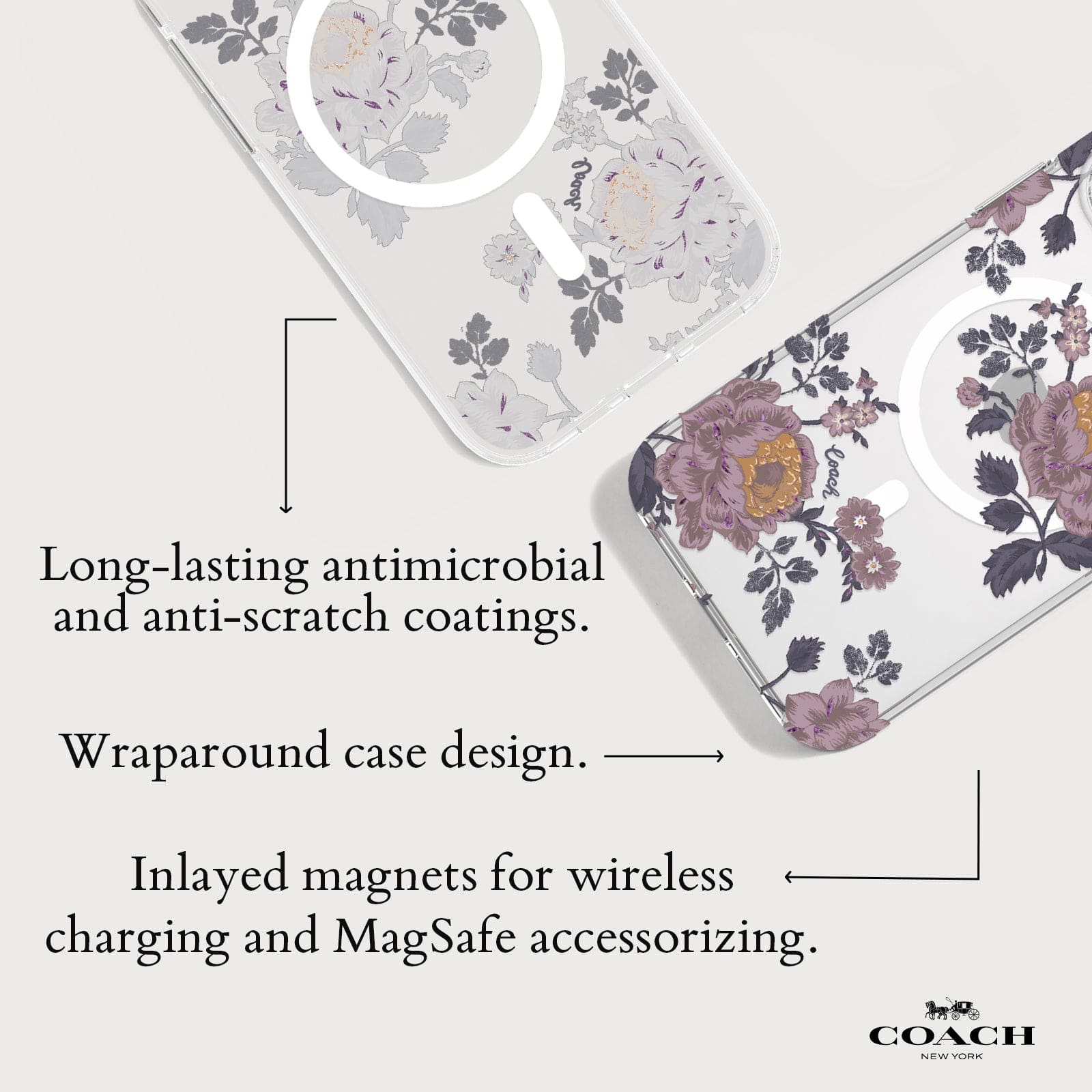 LONG-LASTING ANTIMICROBIAL AND ANTI-SCRATCH COATINGS. WRAPAROUND CASE DESIGN. INLAYED MAGNETS FOR WIRELESS CHARGING AND MAGSAFE ACCESSORIZING.