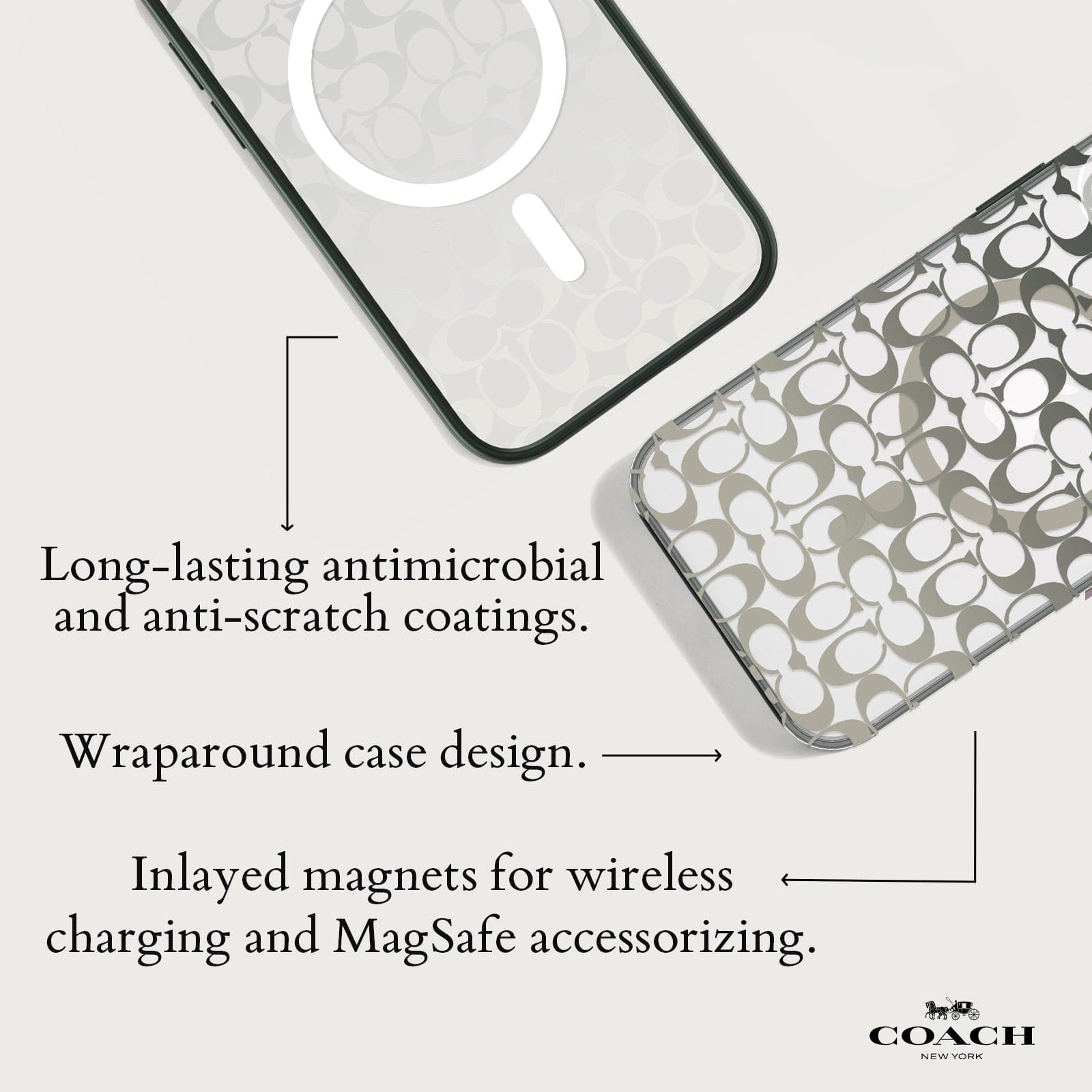 LONG-LASTING ANTIMICROBIAL AND ANTI-SCRATCH COATINGS. WRAPAROUND CASE DESIGN. INLAYED MAGNETS FOR WIRELESS CHARGING AND MAGSAFE ACCESSORIZING.