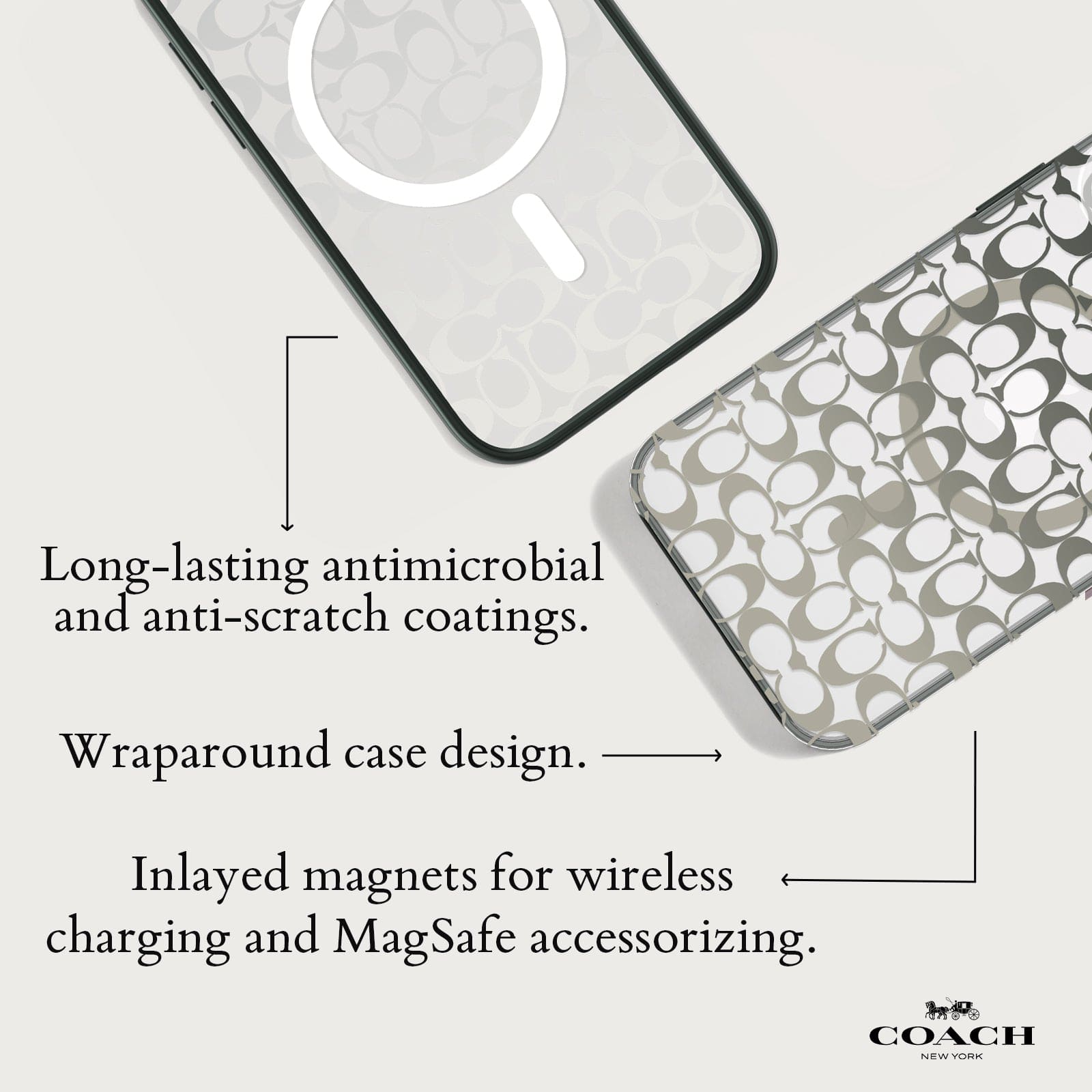 LONG-LASTING ANTIMICROBIAL AND ANTI-SCRATCH COATINGS. WRAPAROUND CASE DESIGN. INLAYED MAGNETS FOR WIRELESS CHARGING AND MAGSAFE ACCESSORIZING.