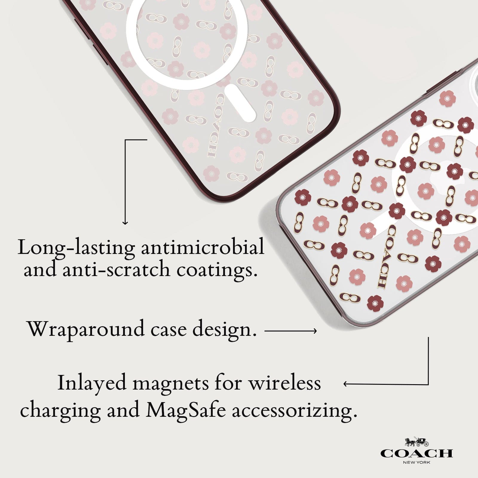 LONG-LASTING ANTIMICROBIAL AND ANTI-SCRATCH COATINGS. WRAPAROUND CASE DESIGN. INLAYED MAGNETS FOR WIRELESS CHARGING AND MAGSAFE ACCESSORIZING. 