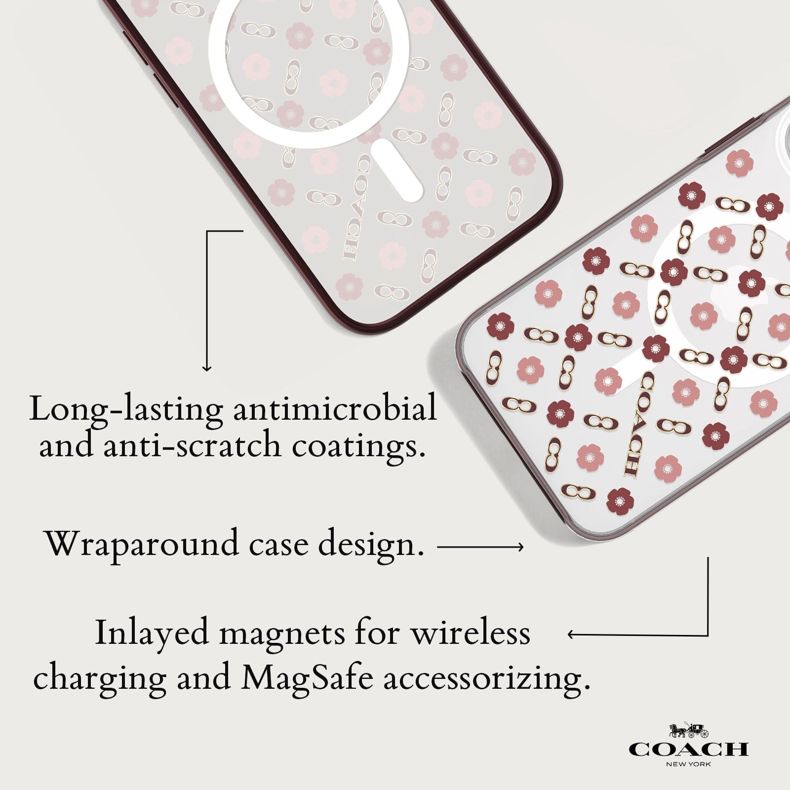 LONG-LASTING ANTIMICROBIAL AND ANTI-SCRATCH COATINGS. WRAPAROUND CASE DESIGN. INLAYED MAGNETS FOR WIRELESS CHARGING AND MAGSAFE ACCESSORIZING.