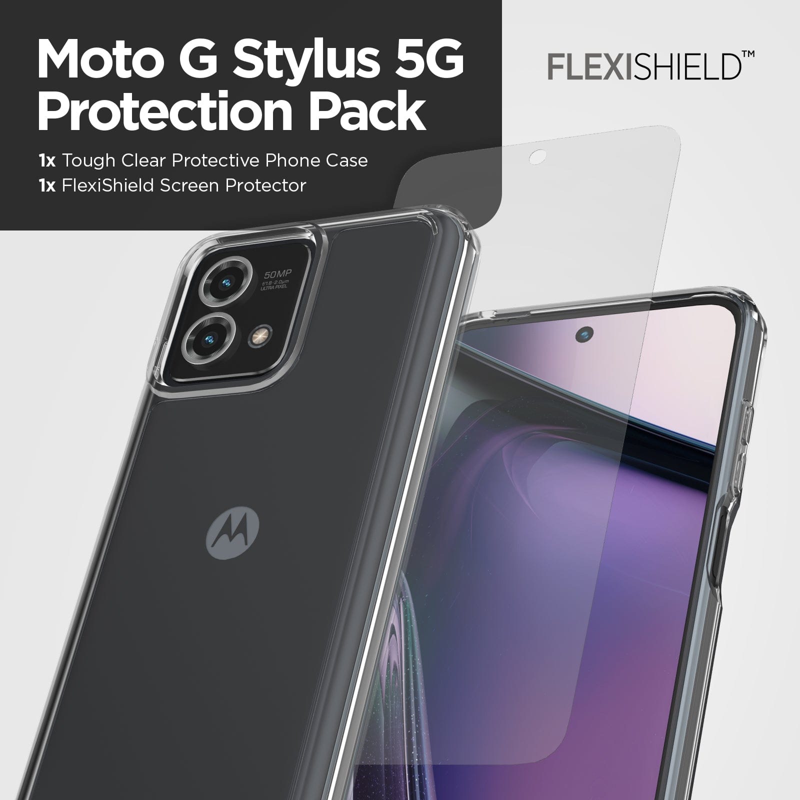 Moto G Stylus 5G Protection Pack. 1x Tough Clear Protective Phone Case, 1x Flexishield Screen Protector