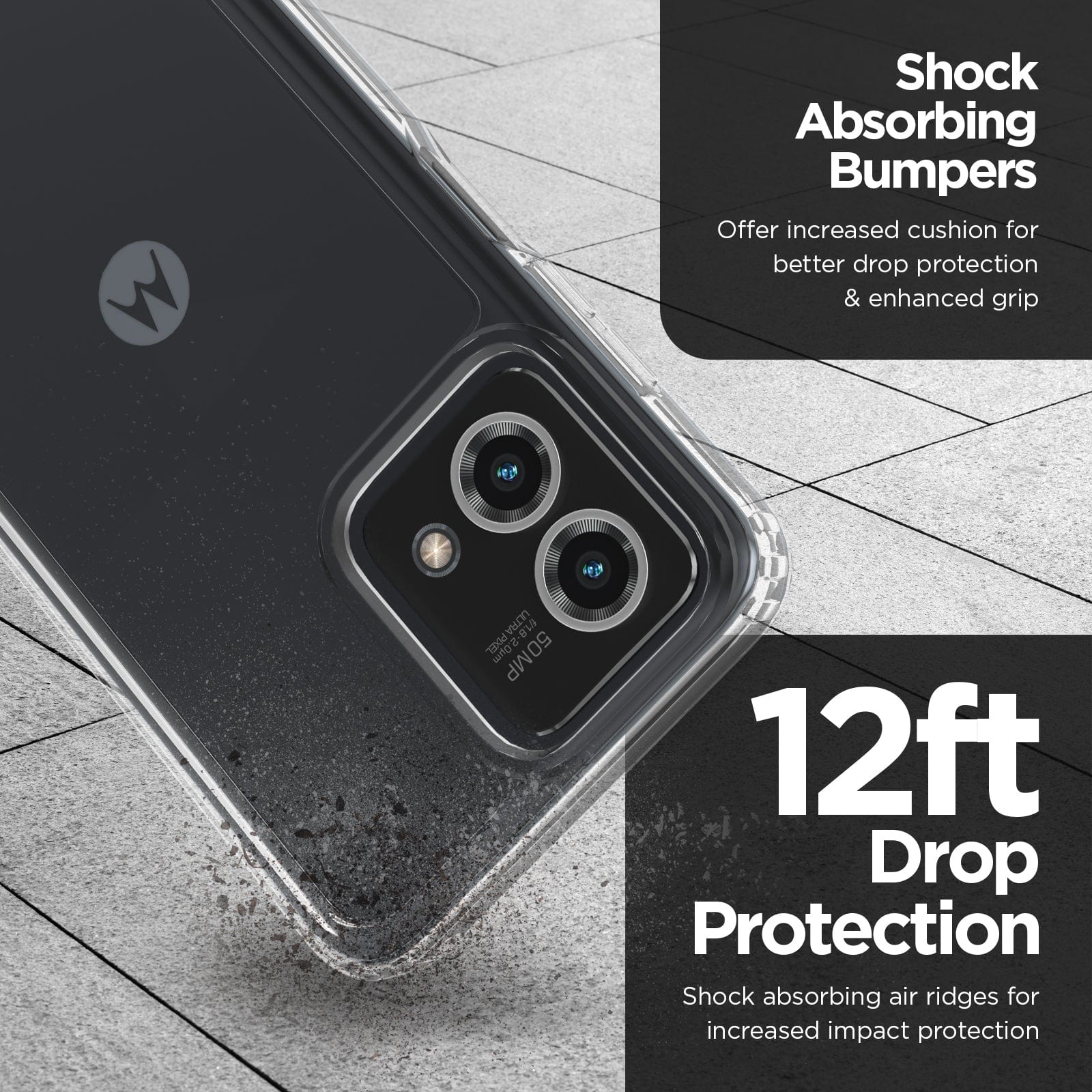 Shock absorbing bumpers. Offer increased cushion for better drop protection & enhanced grip. 12ft Drop Protection. Shock absorbing air ridges for increased impact protection. 