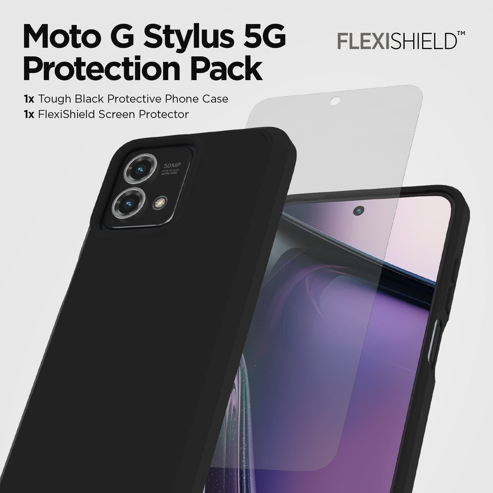 Moto G Stylus 5G Protection Pack. 1x Tough Black Protective Phone Case. 1x Flexishield Screen Protector.