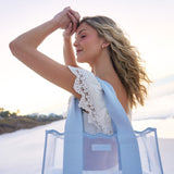 Woman in a light blue dress with lace details standing outdoors with a blurred background
#color_carolina blue crochet wave