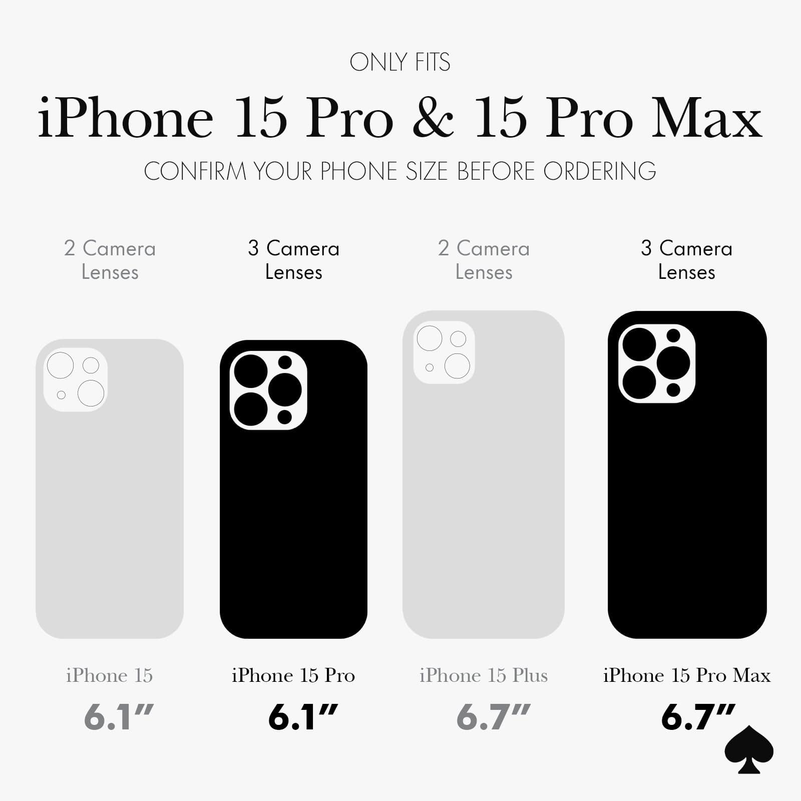 ONLY FITS IPHONE 15 PRO & 15 PRO MAX. CONFIRM YOUR PHONE SIZE BEFORE ORDERING