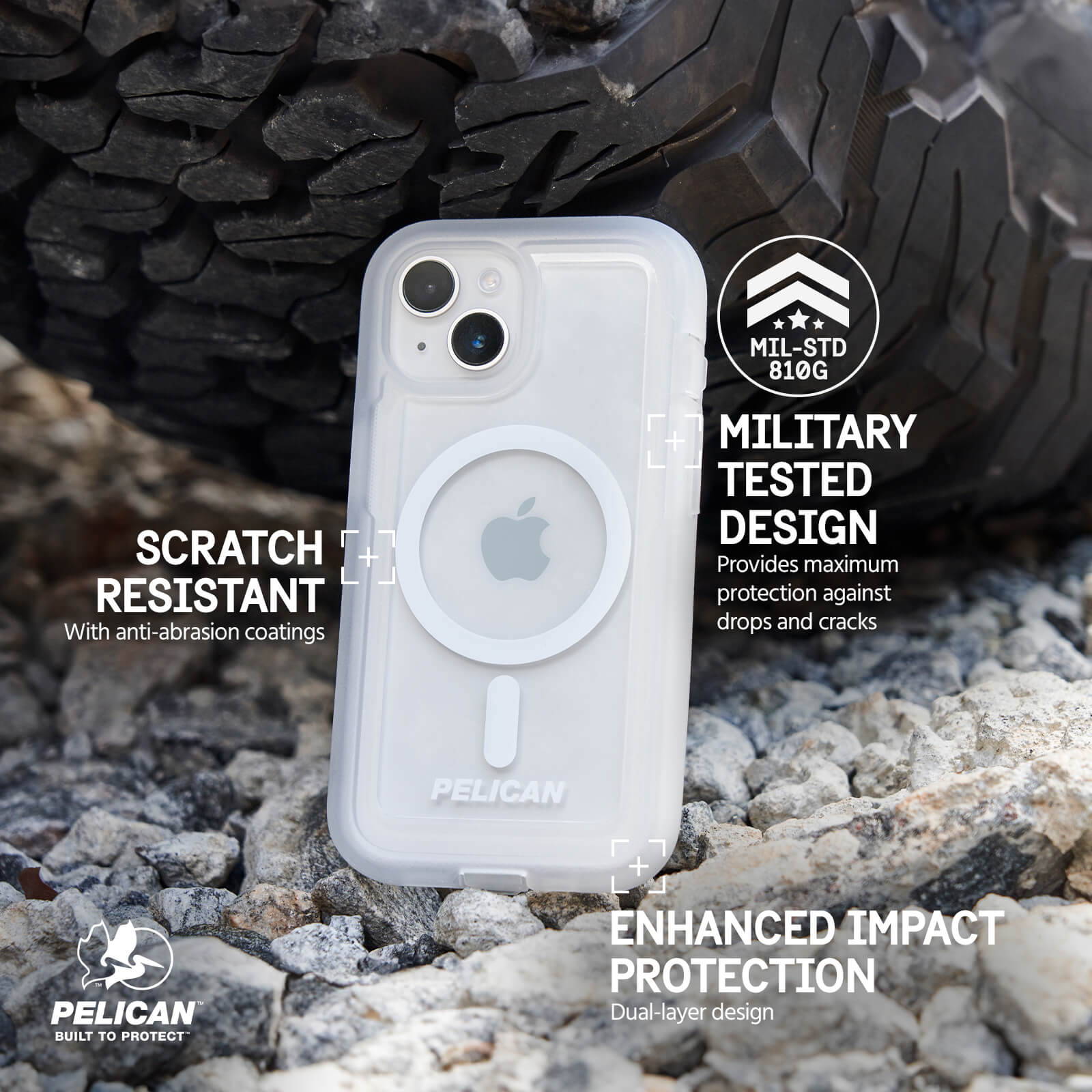 MILITARY TESTED DESIGN. PROVIDES MAXIMUM PROTECTION AGAINST DROP AND CRACKS. SCRATCH RESISTANT WITH ANTI-ABRASION COATINGS. ENHANCED IMPACT PROTECTION. DUAL-LAYER DESIGN.