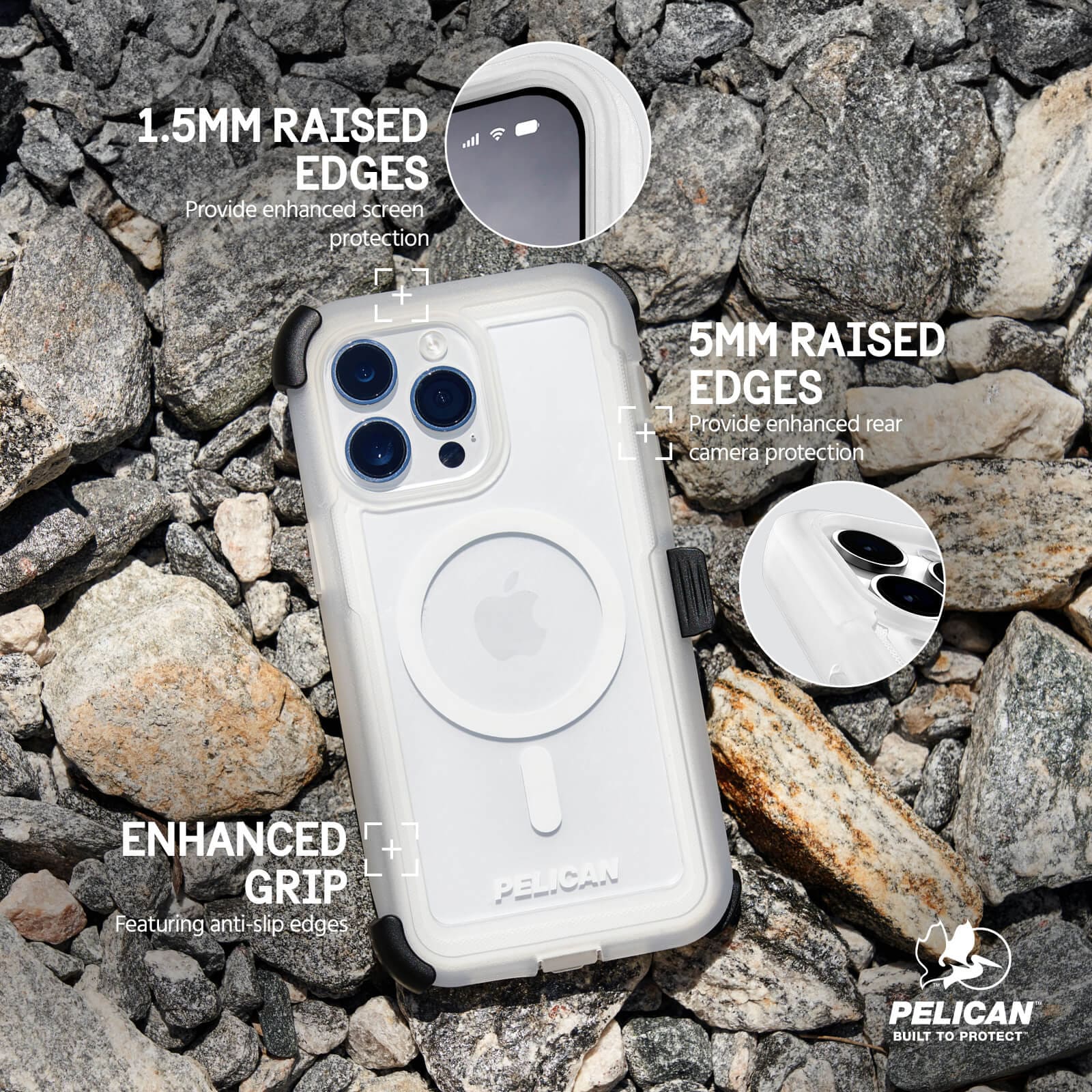 5MM RAISED CORNERS PROVIDES ENHANCED REAR CAMERA PROTECTION. 1.5MM RAISED CORNERS PROVIDES ENHANCED SCREEN PROTECTION.