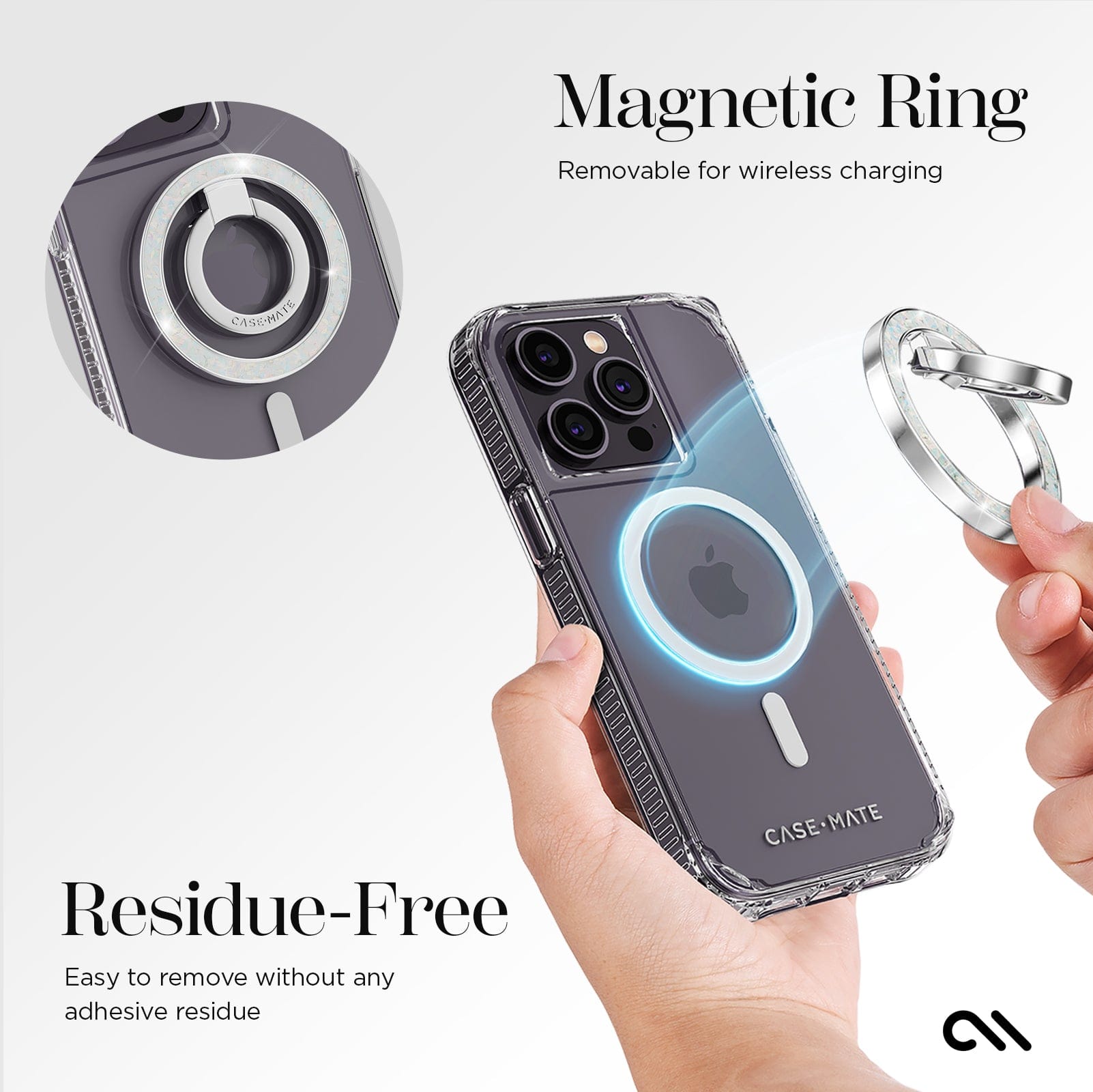 MAGNETIC RING. REMOVABLE FOR WIRELESS CHARGING. RESIDUE-FREE EASY TO REMOVE WITHOUT ANY ADHESIVE RESIDUE.