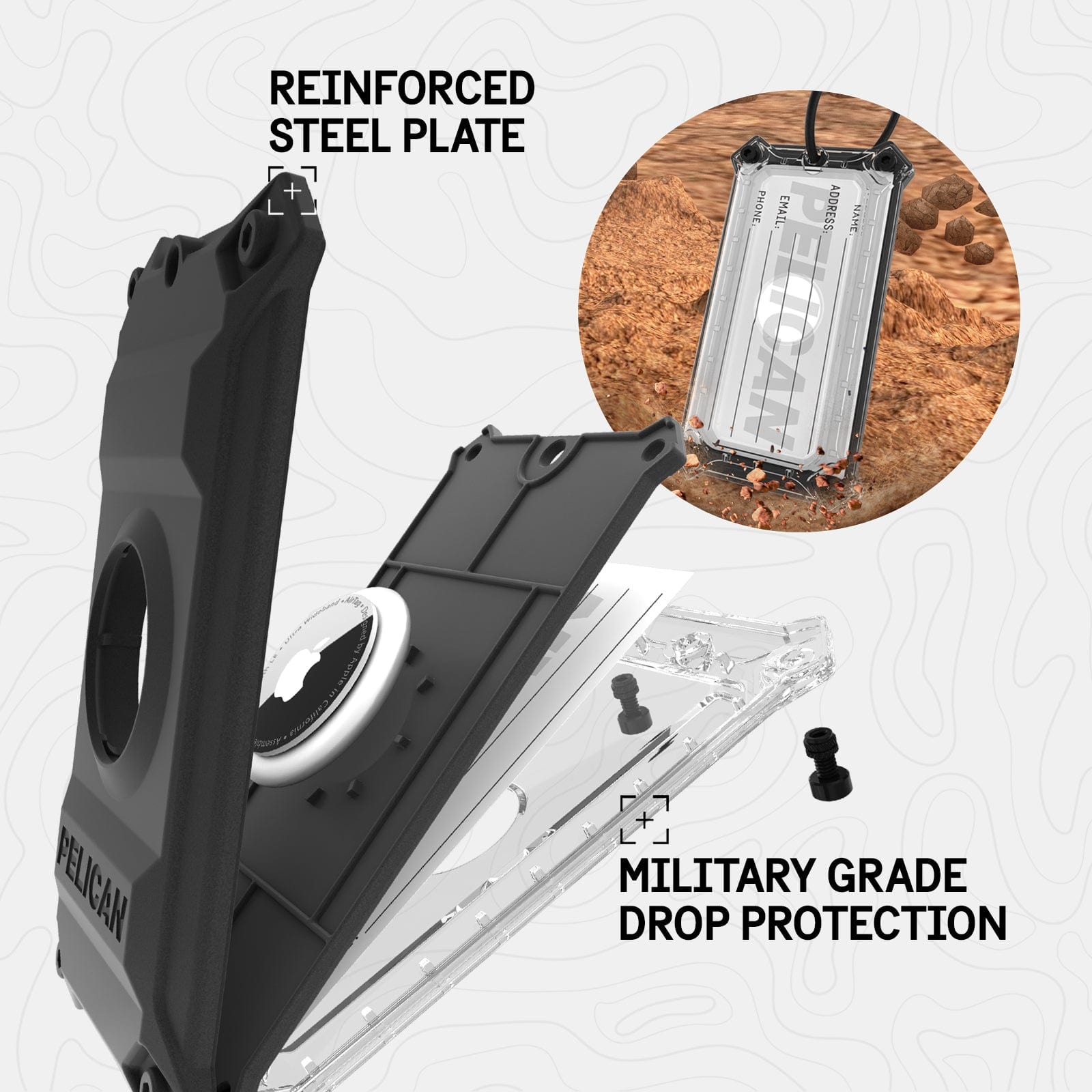 REINFORCED STEEL PLATE. MILITARY GRADE DROP PROTECTION. 