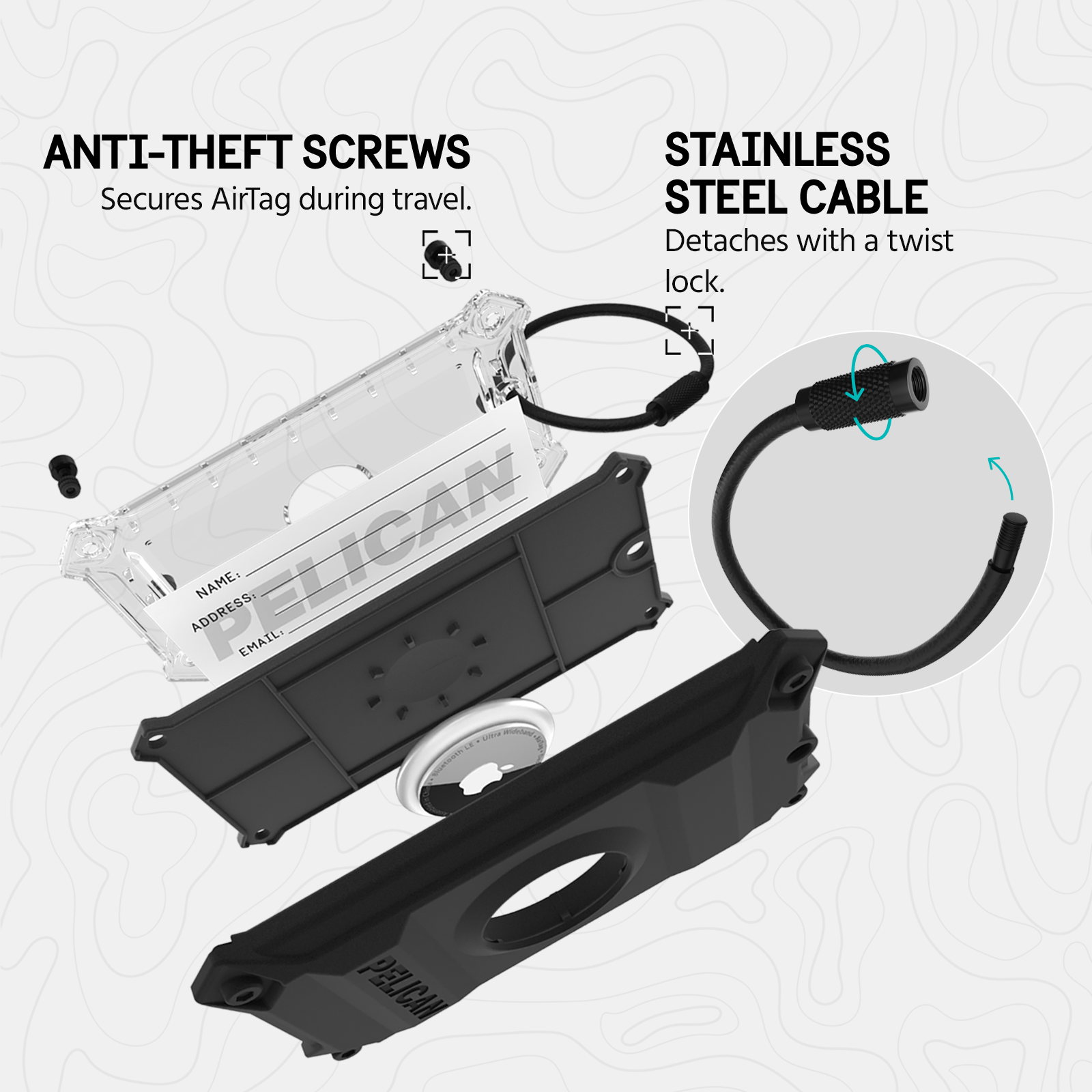 ANTI-THEFT SCREWS SECURES AIRTAG DURING TRAVEL. STAINLESS STEEL CABLE. DETACHES WITH A TWIST LOCK,