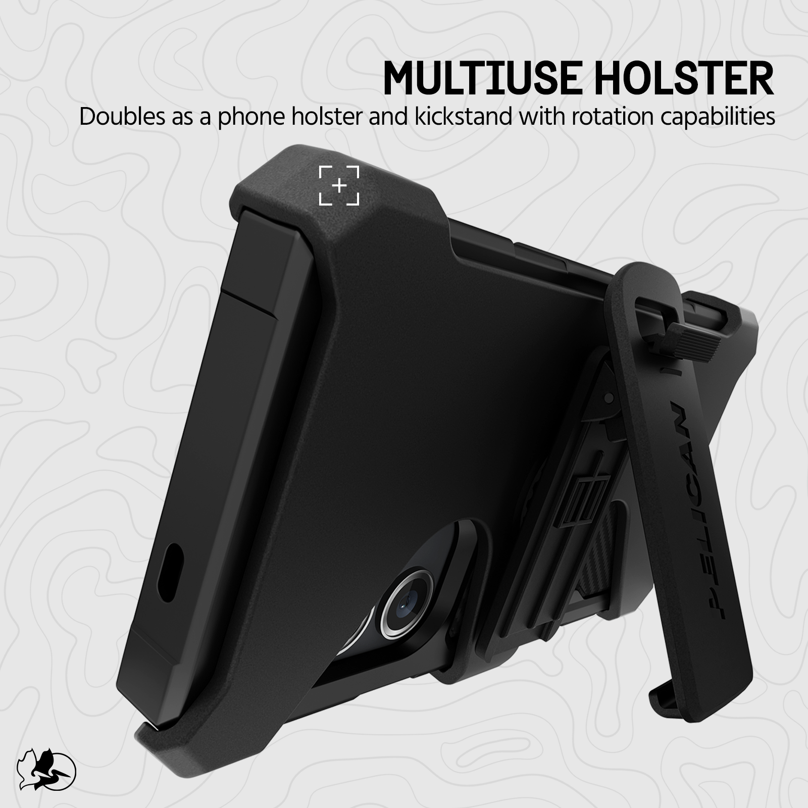 MULTIUSE HOLSTER DOUBLES AS A PHONE HOLSTER AND KICKSTAND WITH ROTATION CAPABILITIES