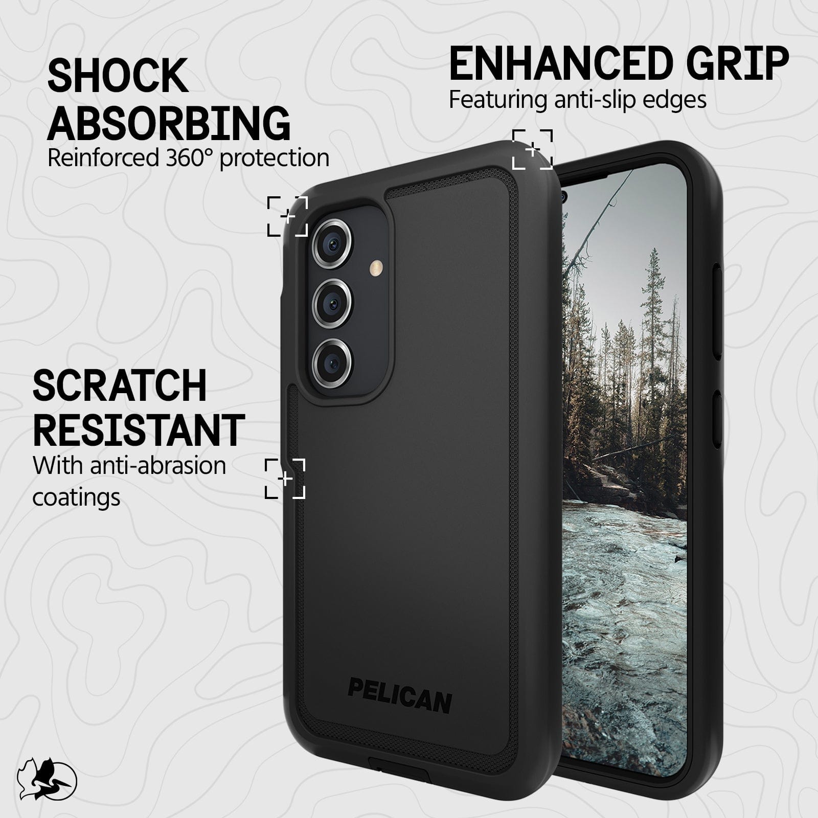 SHOCK ABSORBING REINFORCED 360 DEGREE PROTECTION. ENHANCED GRIP FEATURING ANTI-SLIP EDGES. SCRATCH RESISTANT WITH ANTI-ABRASION COATINGS