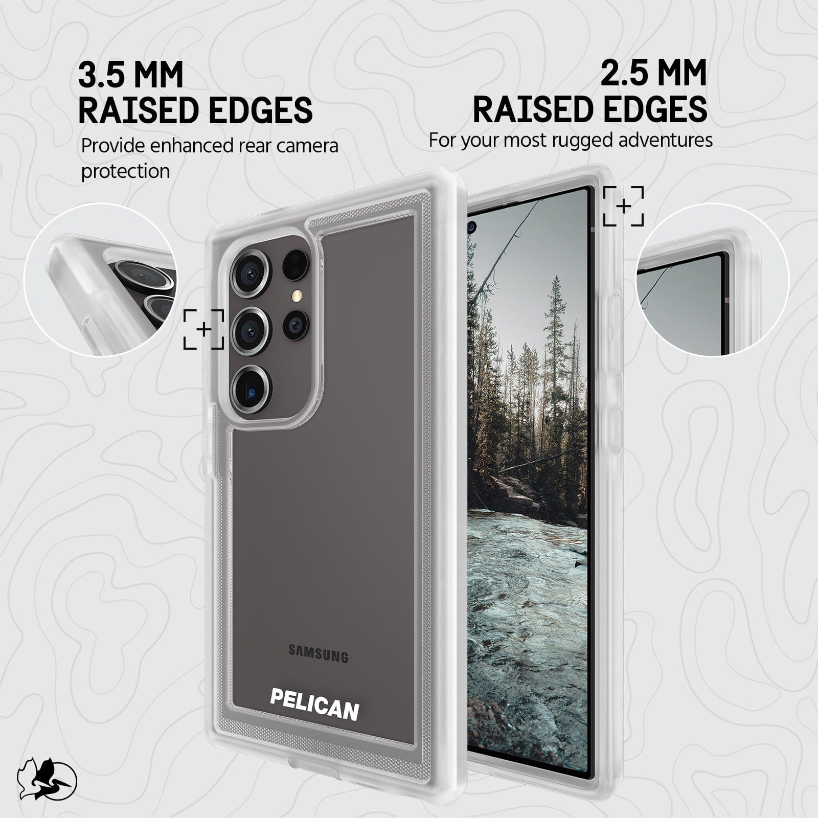 3.5MM RAISED EDGES PROVIDE ENHANCED REAR CAMERA PROTECTION. 2.5MM RAISED EDGES FOR YOUR MOST RUGGED ADVENTURES