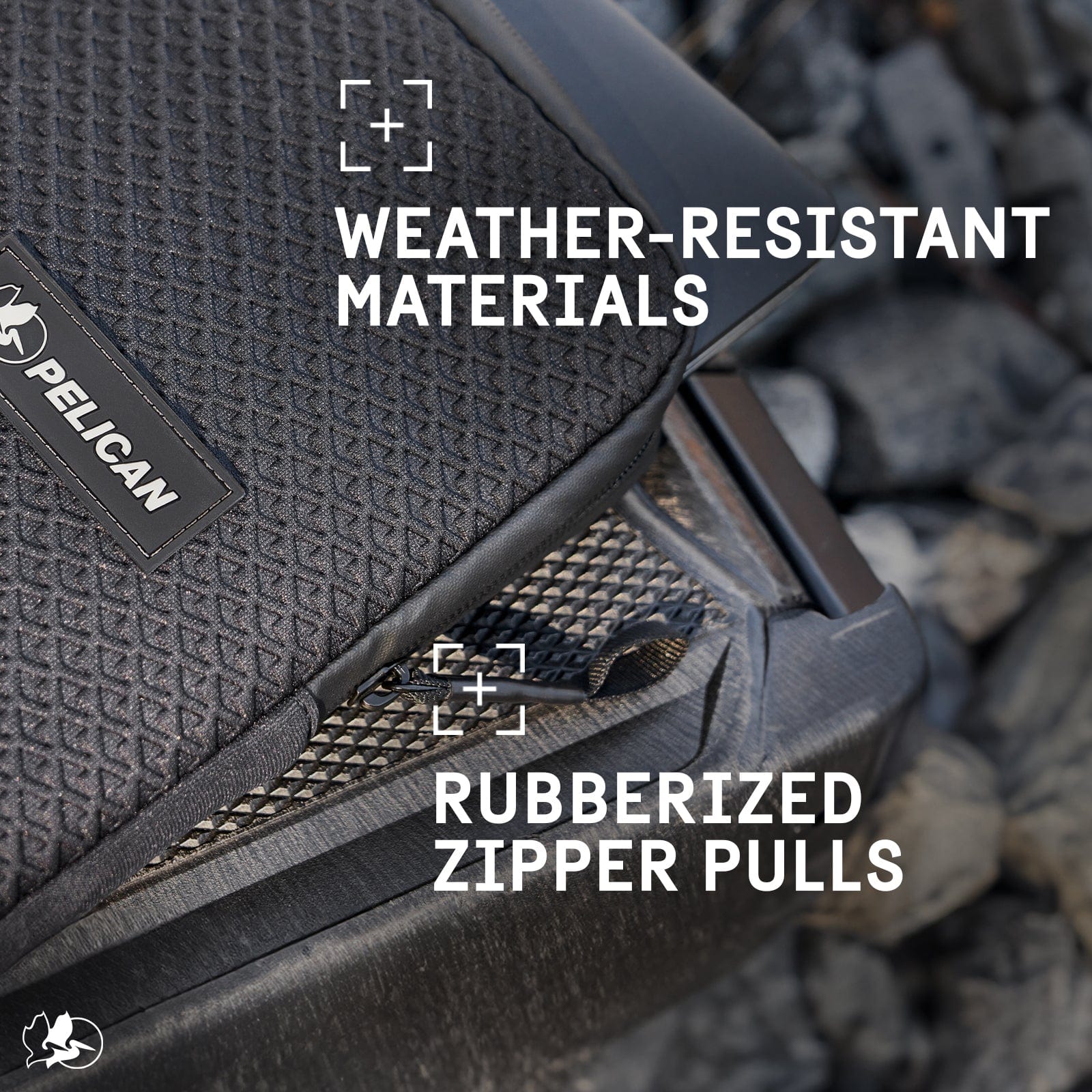WEATHER RESISTANT MATERIALS. RUBBERIZED ZIPPER PULLS